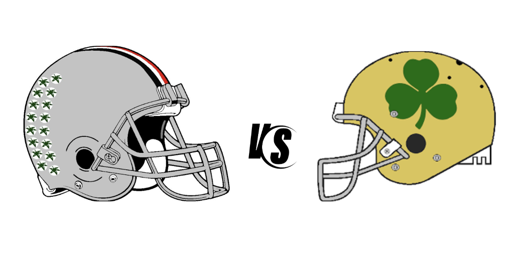 Graphic of the two teams that will be competing for the national championship. Left, Ohio State helmet, right, Notre Dame helmet. (Creative Commons)
